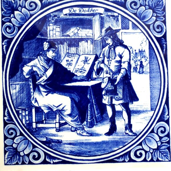 Vintage W German Tile Decorative Ceramic Delft "De Dokter" 6x6 Blue & White - Picture 2 of 10